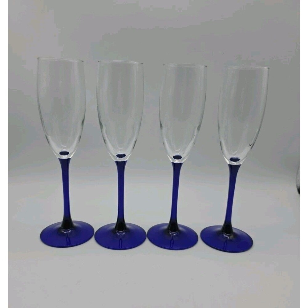 Luminarc France Champagne Flutes Cobalt Blue Stem Clear Flutes 8.75” Set of 4